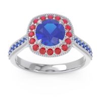 Lab Blue Sapphire Ring In Palladium With Ruby And Blue Sapphire Bahurupaka Round Antique Ring