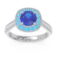 Lab Blue Sapphire Engagement Ring In Palladium With Swiss Blue Topaz And Diamond - Bahurupaka Round Antique Ring