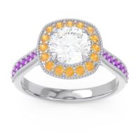 Lab Diamond Ring In Palladium With Citrine And Amethyst Bahurupaka Round Antique Ring