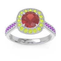 Garnet Ring In 14k White Gold With Peridot And Amethyst Bahurupaka Round Antique Ring