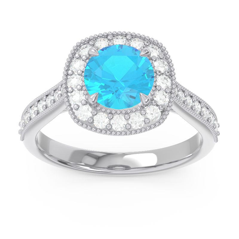 Cathedral Halo Migrain Bahurupaka Swiss Blue Topaz Ring with Diamond in 14k White Gold