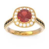 Garnet Ring In 18k Yellow Gold With Diamond And Black Onyx Bahurupaka Round Antique Ring