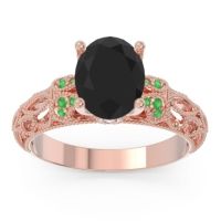 Black Onyx Engagement Ring In 18K Rose Gold With Emerald And Diamond - Vatavat Oval Antique Ring