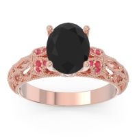 Black Onyx Engagement Ring In 18K Rose Gold With Ruby And Diamond - Vatavat Oval Antique Ring