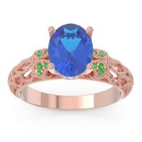 Lab Blue Sapphire Engagement Ring In 18K Rose Gold With Emerald And Diamond - Vatavat Oval Antique Ring