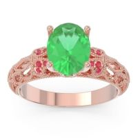 Lab Emerald Ring In 14K Rose Gold With Ruby And Emerald Vatavat Oval Antique Ring