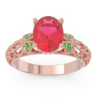 Lab Ruby Engagement Ring In 18K Rose Gold With Emerald And Diamond - Vatavat Oval Antique Ring