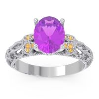 Amethyst Ring In 18k White Gold With Citrine And Lab Diamond Vatavat Oval Antique Ring