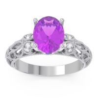Amethyst Ring In Palladium With Diamond And Blue Sapphire Vatavat Oval Antique Ring