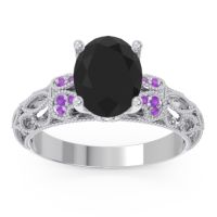 Black Onyx Engagement Ring In Palladium With Amethyst And Diamond - Vatavat Oval Antique Ring