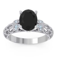 Black Onyx Engagement Ring In Palladium With Aquamarine And Diamond - Vatavat Oval Antique Ring