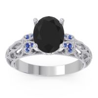 Black Onyx Engagement Ring In Palladium With Blue Sapphire And Diamond - Vatavat Oval Antique Ring