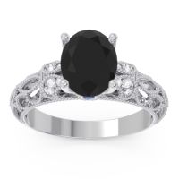 Black Onyx Ring In Palladium With Diamond And Blue Sapphire Vatavat Oval Antique Ring