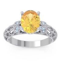 Citrine Engagement Ring In 18k White Gold With Aquamarine And Diamond - Vatavat Oval Antique Ring