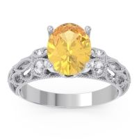 Citrine Ring In 18k White Gold With Lab Diamond And Black Onyx Vatavat Oval Antique Ring