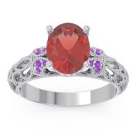 Garnet Engagement Ring In 18k White Gold With Amethyst And Diamond - Vatavat Oval Antique Ring