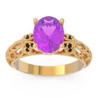 Amethyst Engagement Ring In 14k Yellow Gold With Black Onyx And Diamond - Vatavat Oval Antique Ring