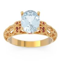 Aquamarine Ring In 14k Yellow Gold With Garnet And Ruby Vatavat Oval Antique Ring