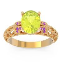 Peridot Engagement Ring In 18k Yellow Gold With Amethyst And Diamond - Vatavat Oval Antique Ring