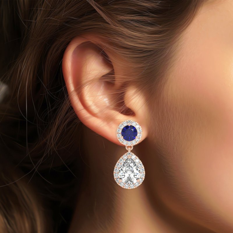 Pear & Round Halo Drop Earrings