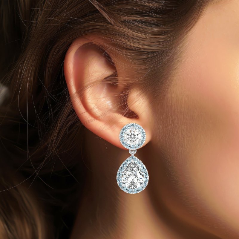 Pear & Round Halo Drop Earrings