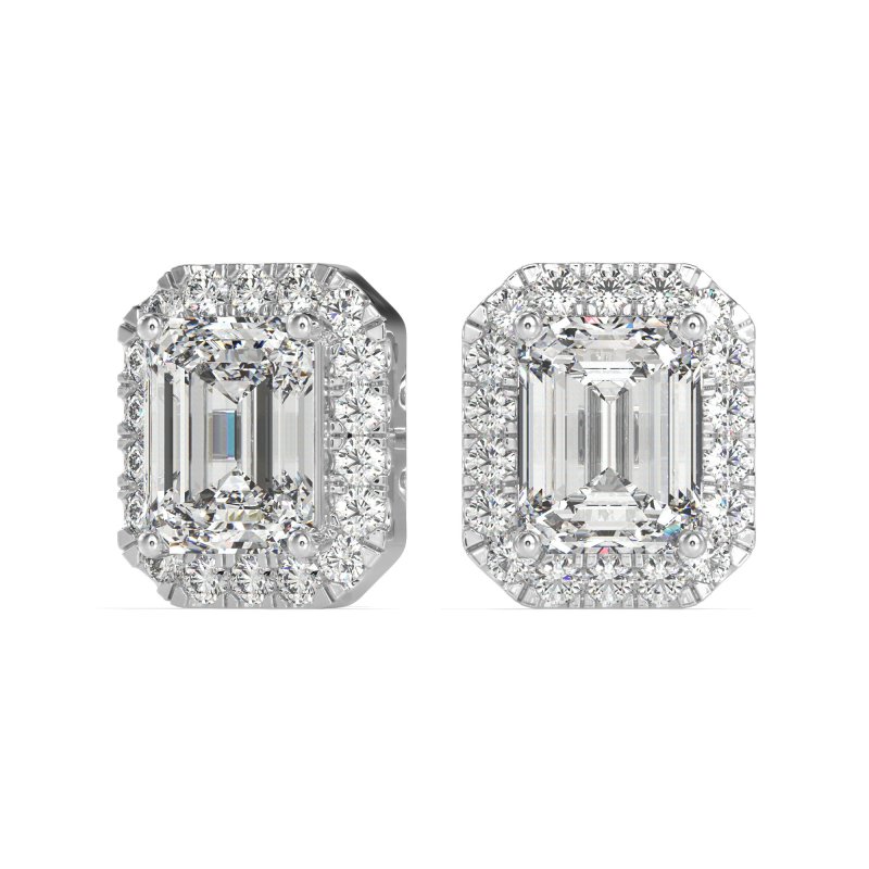 Emerald Cut Halo Stud Earrings