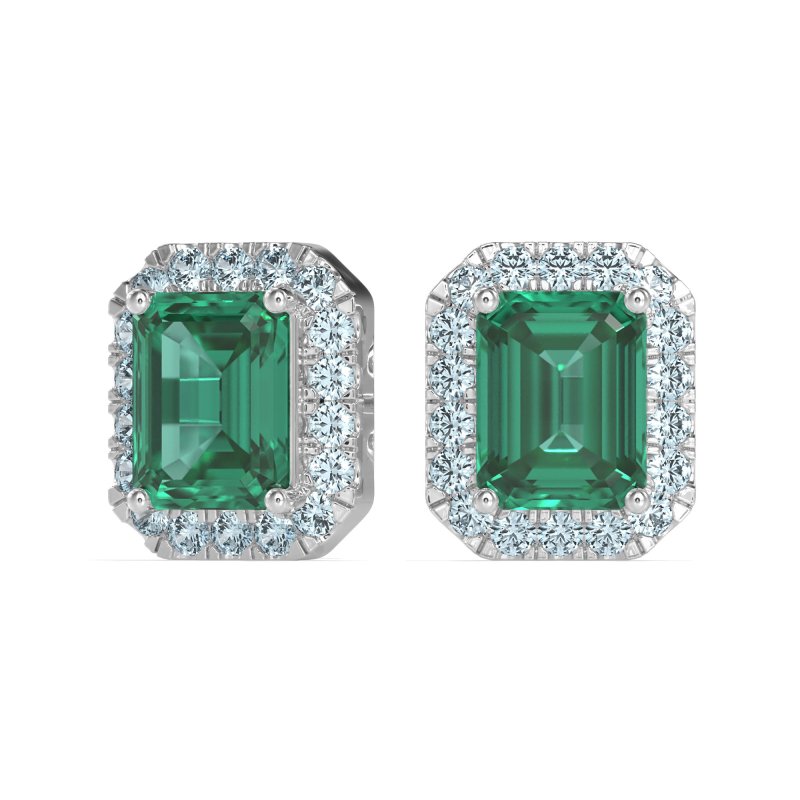 Emerald Cut Halo Stud Earrings