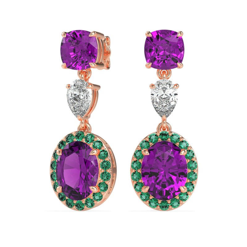 Three-Stone Dangle Halo Earrings