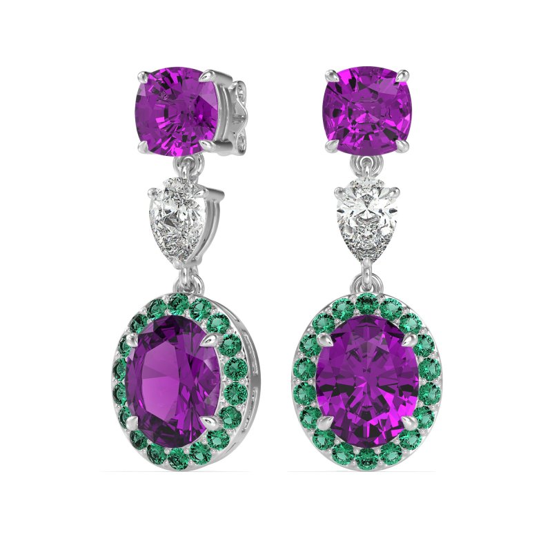 Three-Stone Dangle Halo Earrings