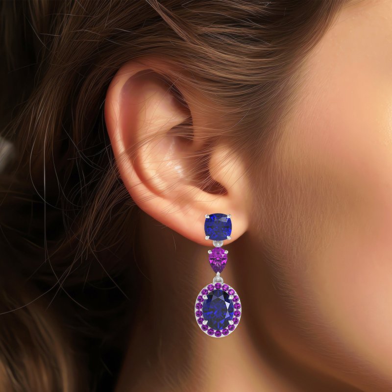 Three-Stone Dangle Halo Earrings