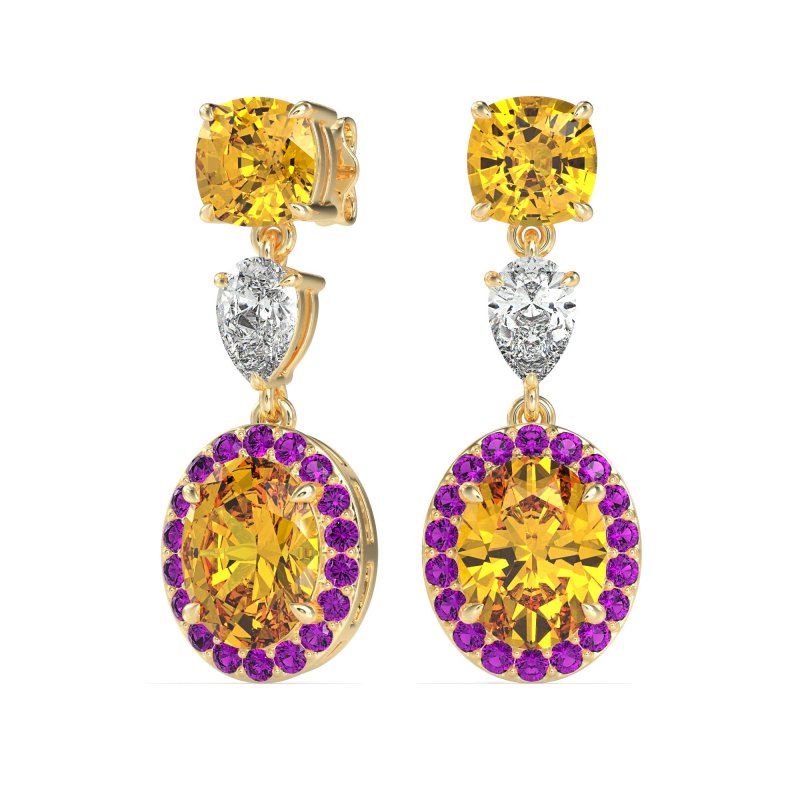 Three-Stone Dangle Halo Earrings