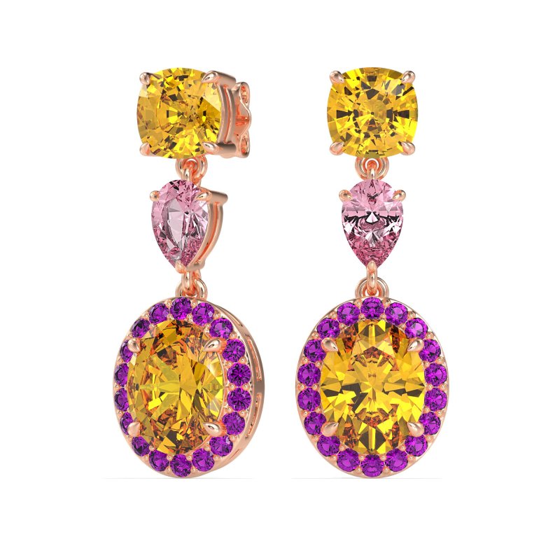 Three-Stone Dangle Halo Earrings