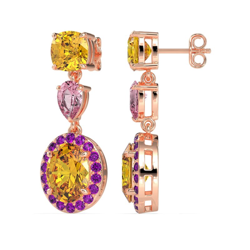 Three-Stone Dangle Halo Earrings