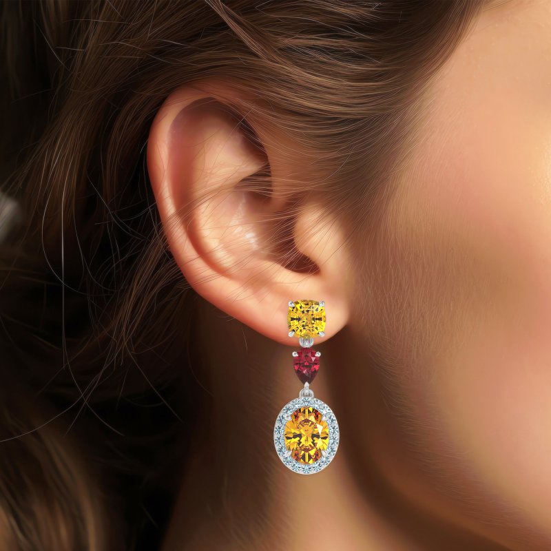 Three-Stone Dangle Halo Earrings