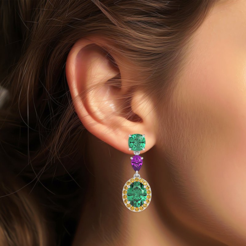 Three-Stone Dangle Halo Earrings
