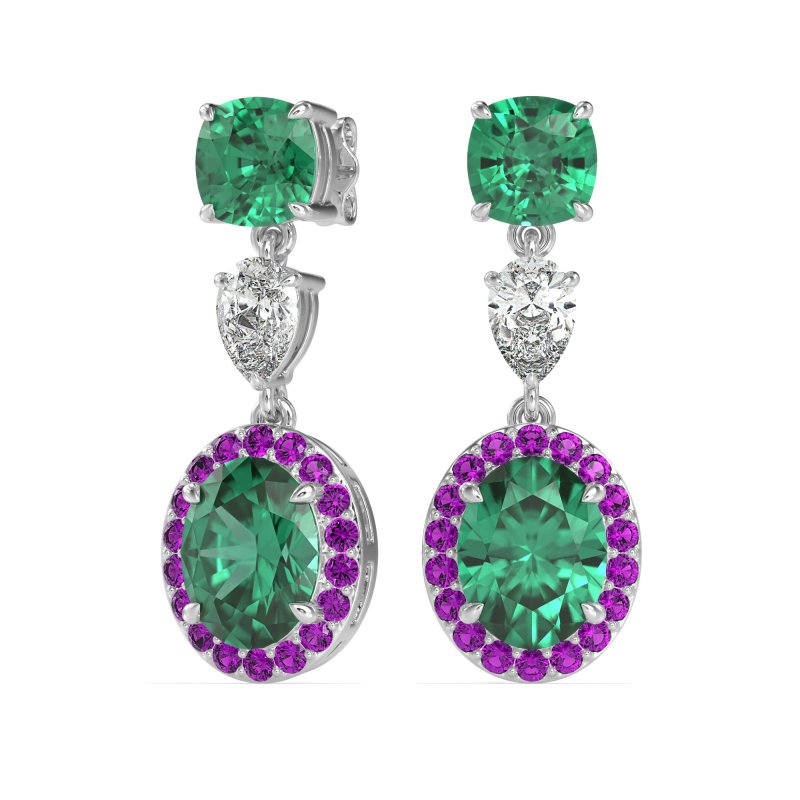 Three-Stone Dangle Halo Earrings