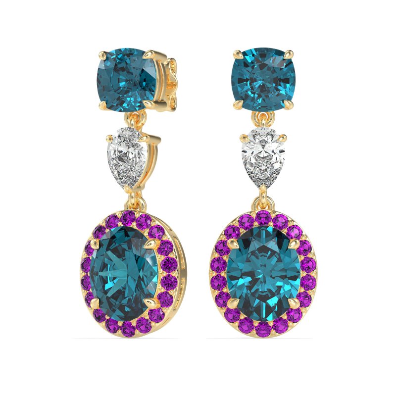 Three-Stone Dangle Halo Earrings