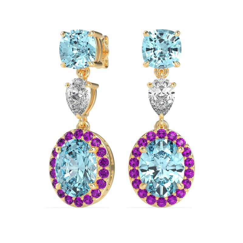 Three-Stone Dangle Halo Earrings