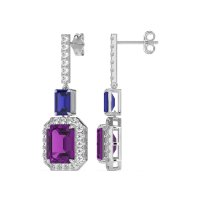 Emerald Cut Halo Dangle Earrings
