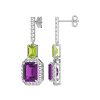 Emerald Cut Halo Dangle Earrings