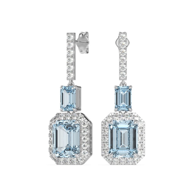 Emerald Cut Halo Dangle Earrings