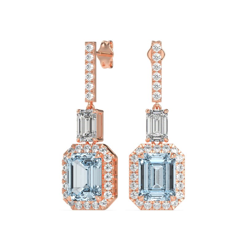 Emerald Cut Halo Dangle Earrings