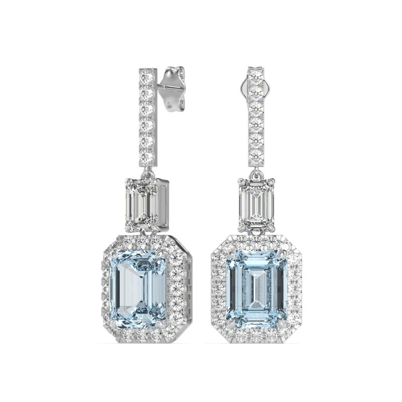 Emerald Cut Halo Dangle Earrings