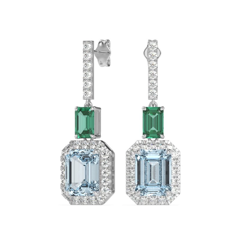 Emerald Cut Halo Dangle Earrings