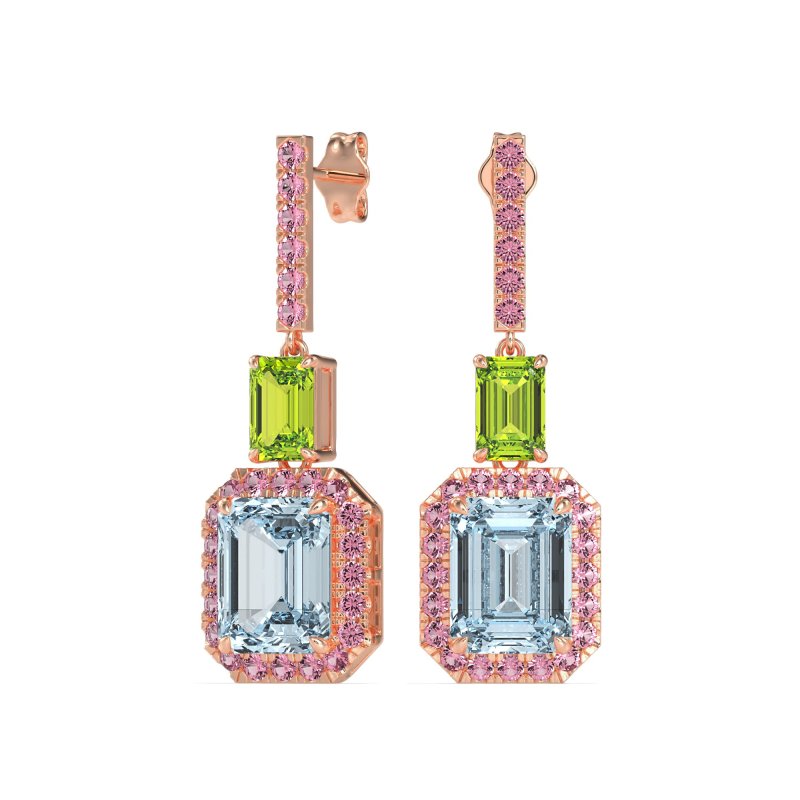 Emerald Cut Halo Dangle Earrings