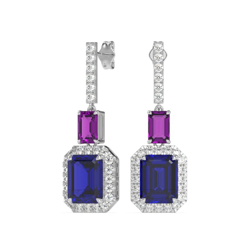 Emerald Cut Halo Dangle Earrings