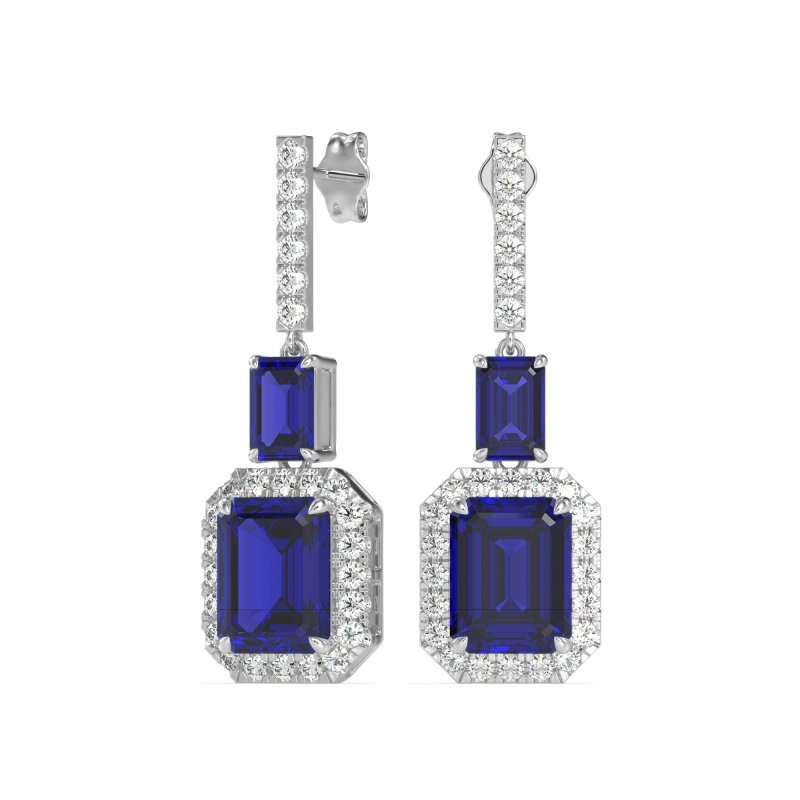Emerald Cut Halo Dangle Earrings