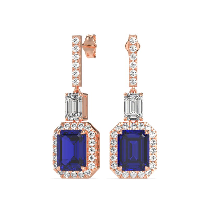 Emerald Cut Halo Dangle Earrings