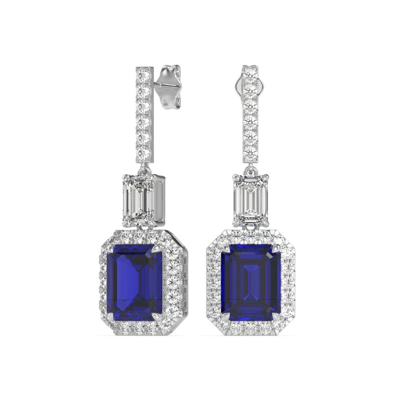 Emerald Cut Halo Dangle Earrings