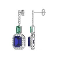 Emerald Cut Halo Dangle Earrings